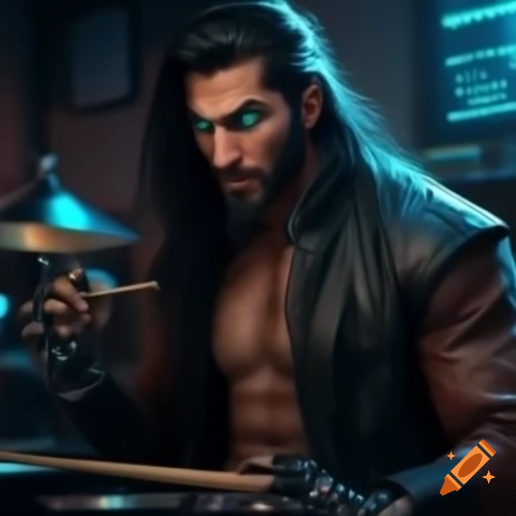 Cyborg drummer with dark long hair in leather jacket and laser eye, cyberpunk style