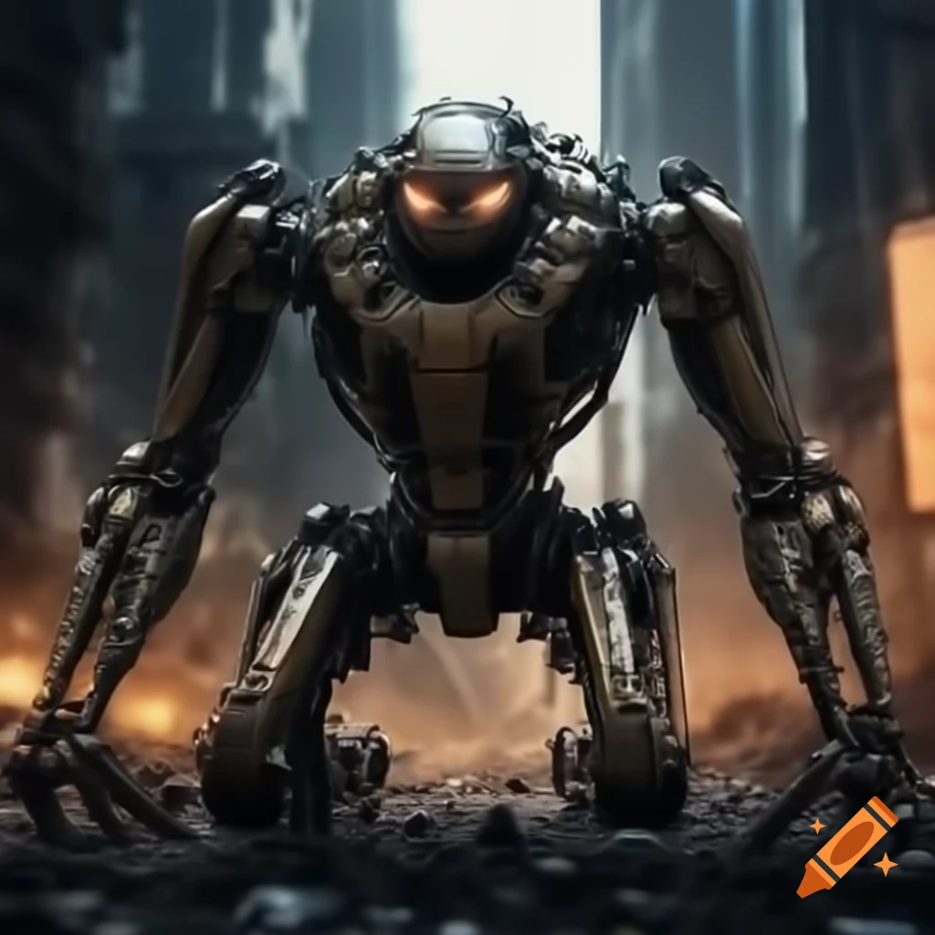 Giant robotic spider navigating post-apocalyptic cityscape with skull-shaped cockpit and neon lights