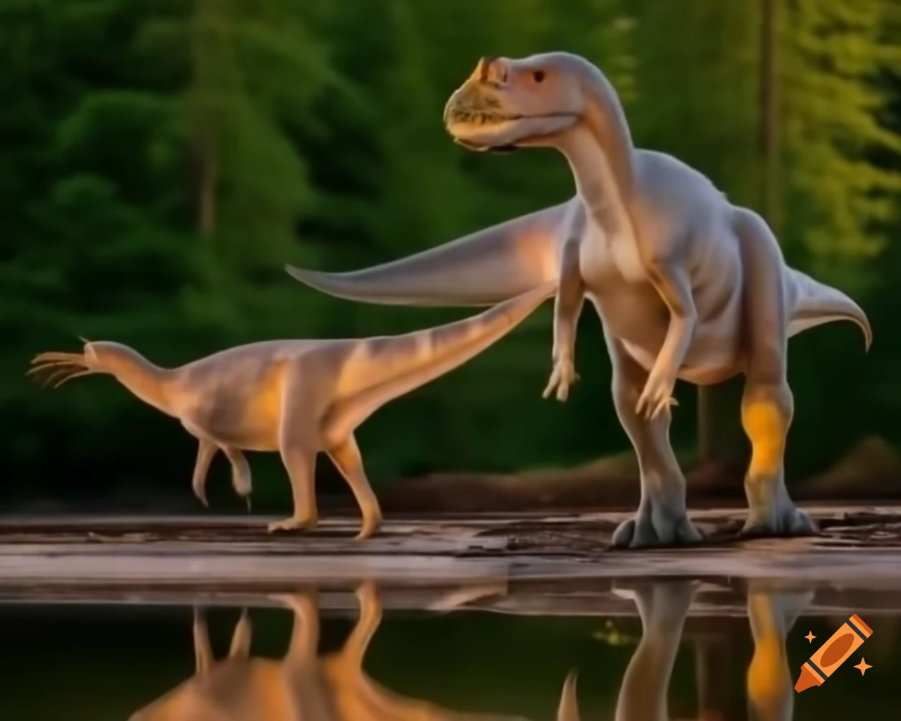 Hadrosaurus standing on muddy bank of lake with driftwood in warm afternoon light