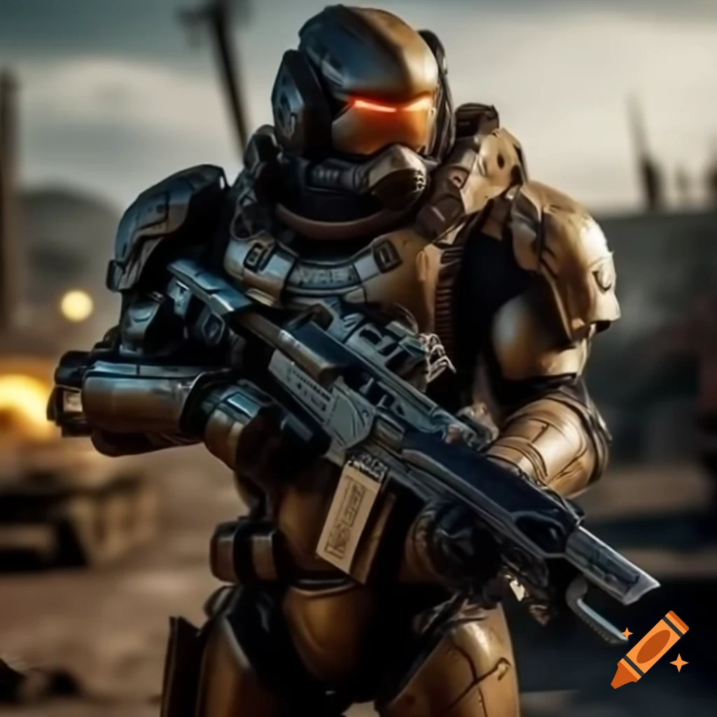 Cyborg warrior in armor with laser rifle in post-apocalyptic wasteland