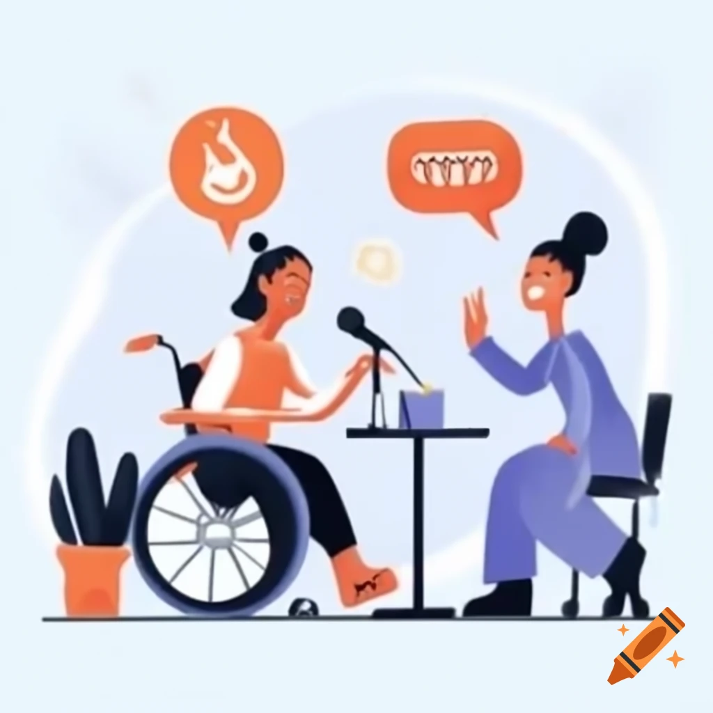 Drawing of two disabled individuals discussing love on a radio show