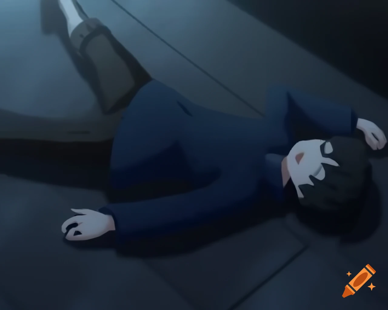 Niko from Oneshot laying on concrete floor watching rain, anime style, side view