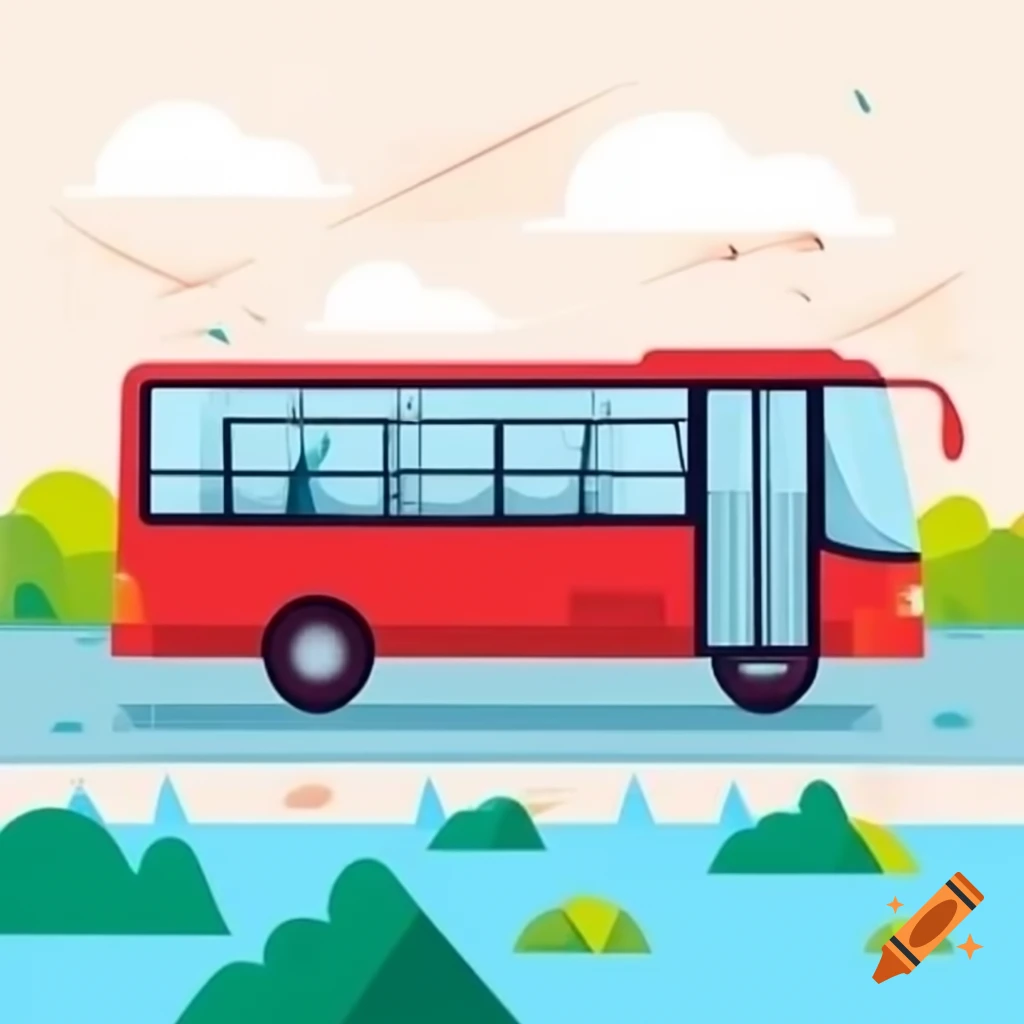 Geometric red BVO bus at river bus stop with happy driver and green background