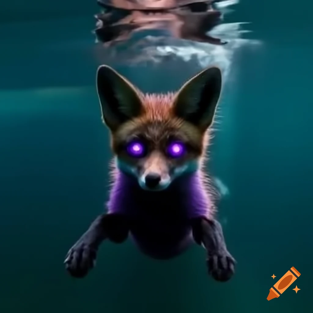 Humanoid fox underwater with black attire, purple eyes, and lilac fur