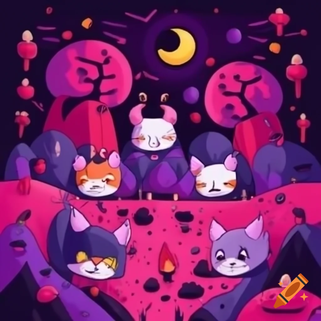 Cute devil horned kittens in pink and purple themed hell, anime style