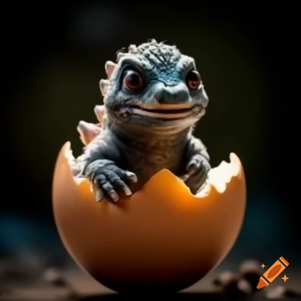 Close-up of adorable Godzilla hatching from an egg with soft lighting