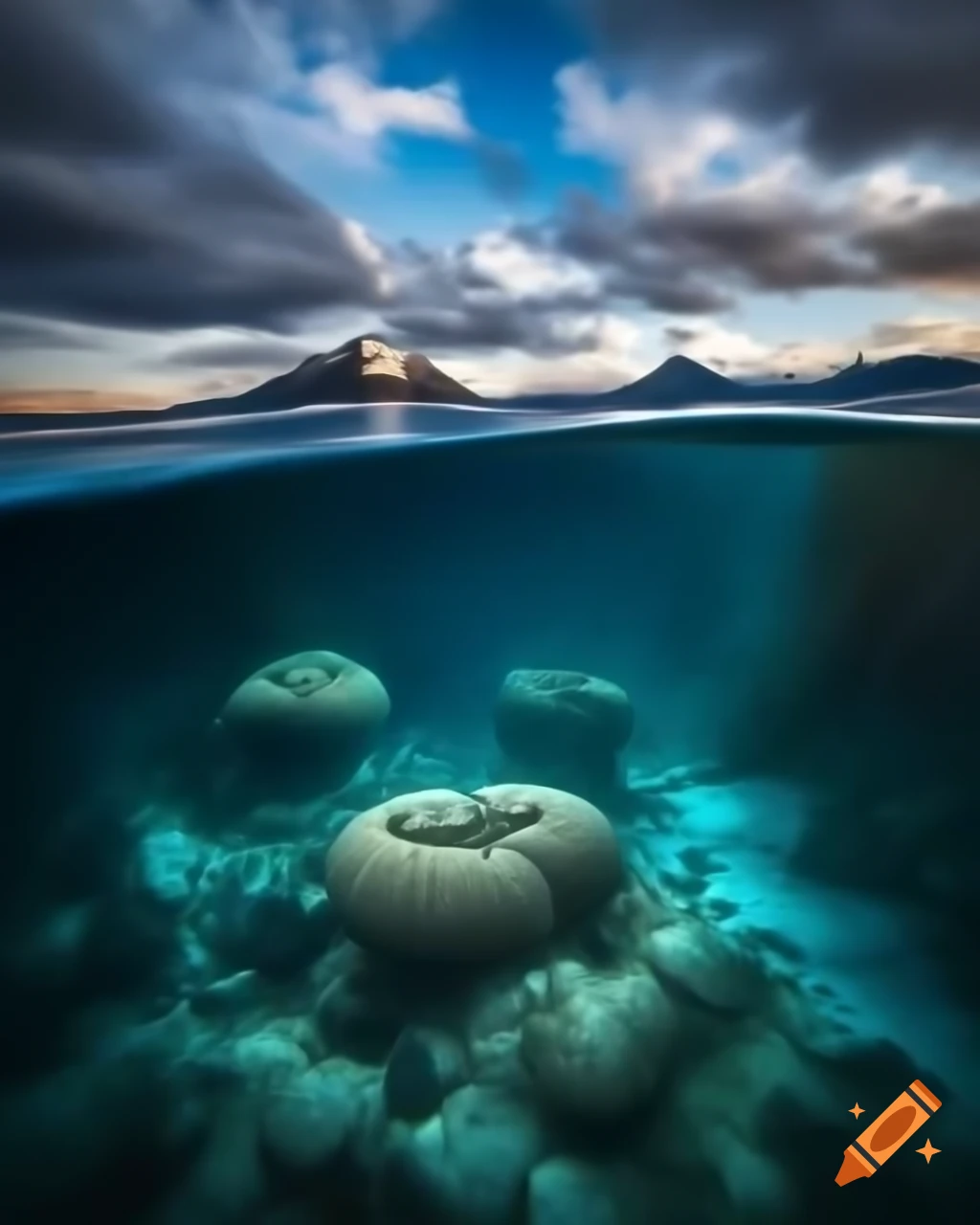 Mystical saltwater mountain lake in ocean with colorful fish and coral