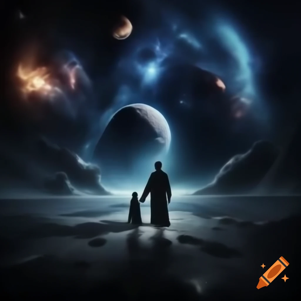 Surreal cosmic dream war scene featuring aliens at an amphitheater