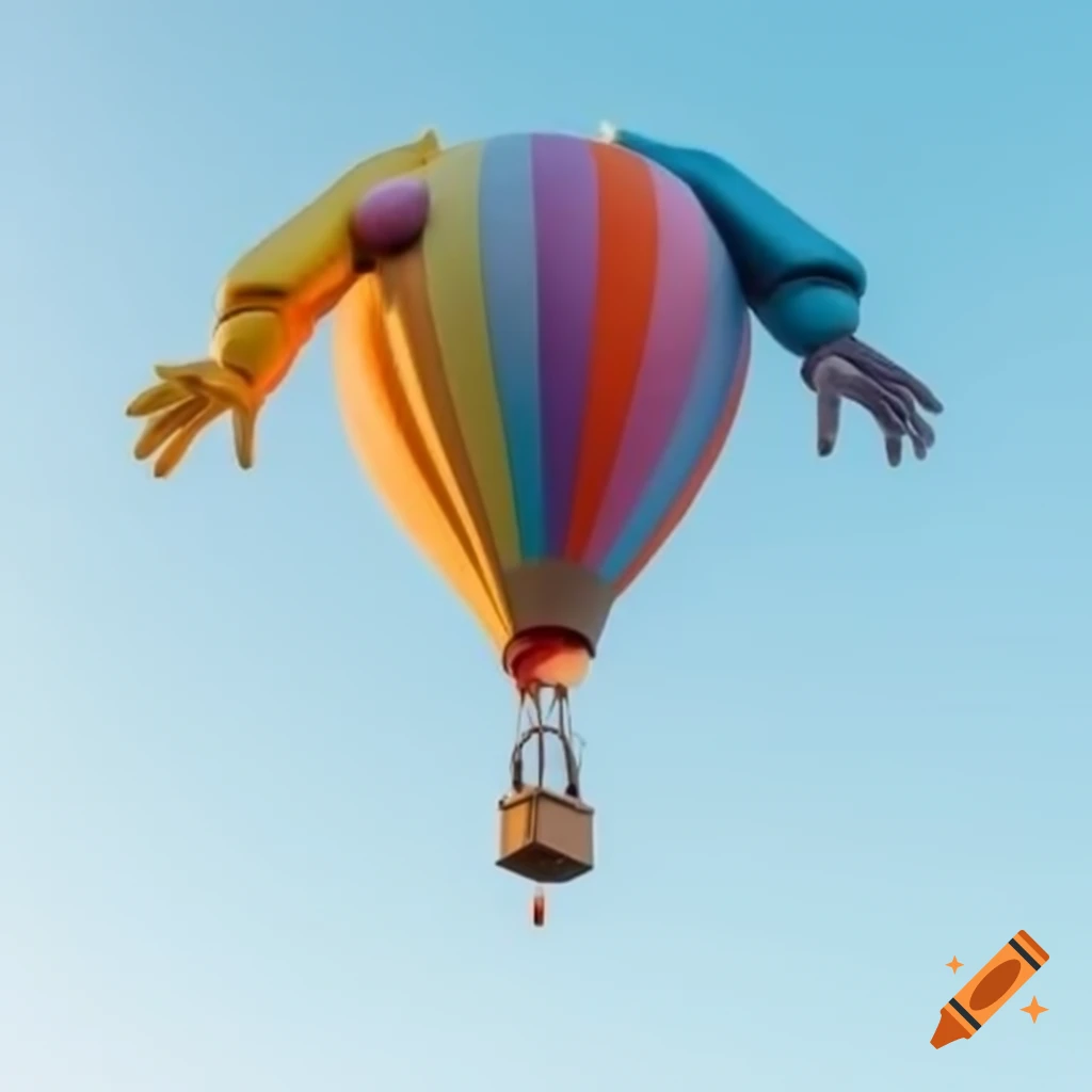 Colorful hot air balloons designed as muscular characters with hands and legs
