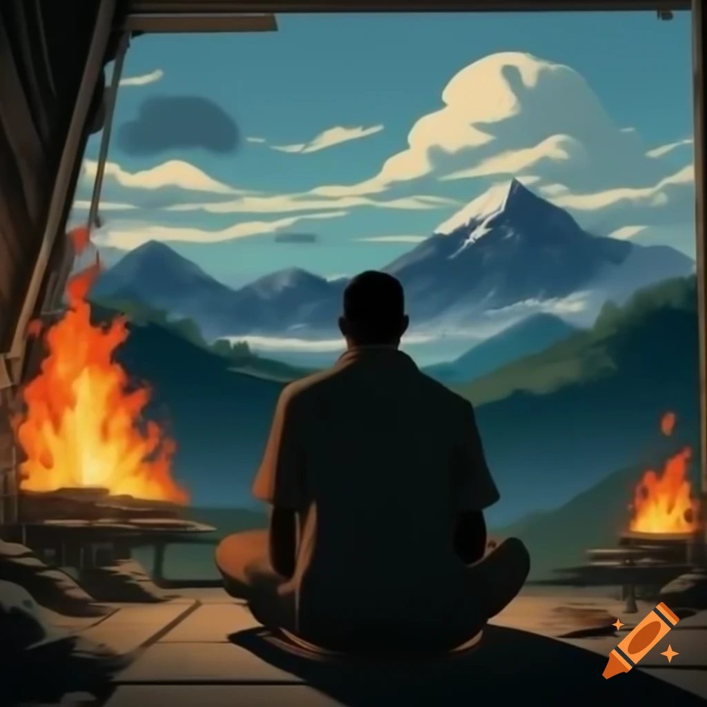 Black man sitting by fire in mountains in Studio Ghibli art style