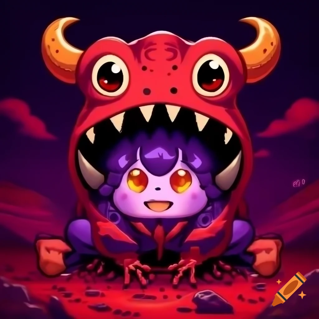 Cute devil horned frog in vibrant hell scenery, anime style