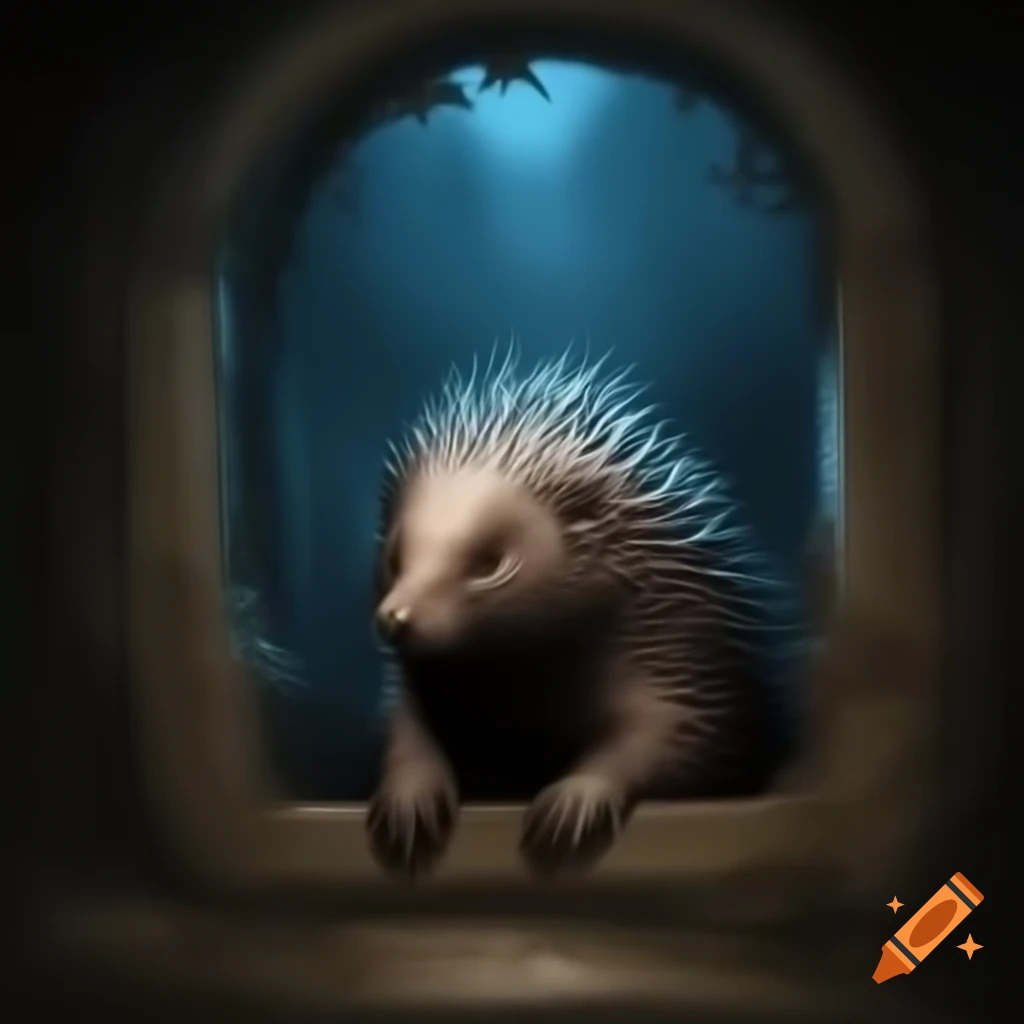 Linocut of porcupine in atmospheric house with ethereal lighting