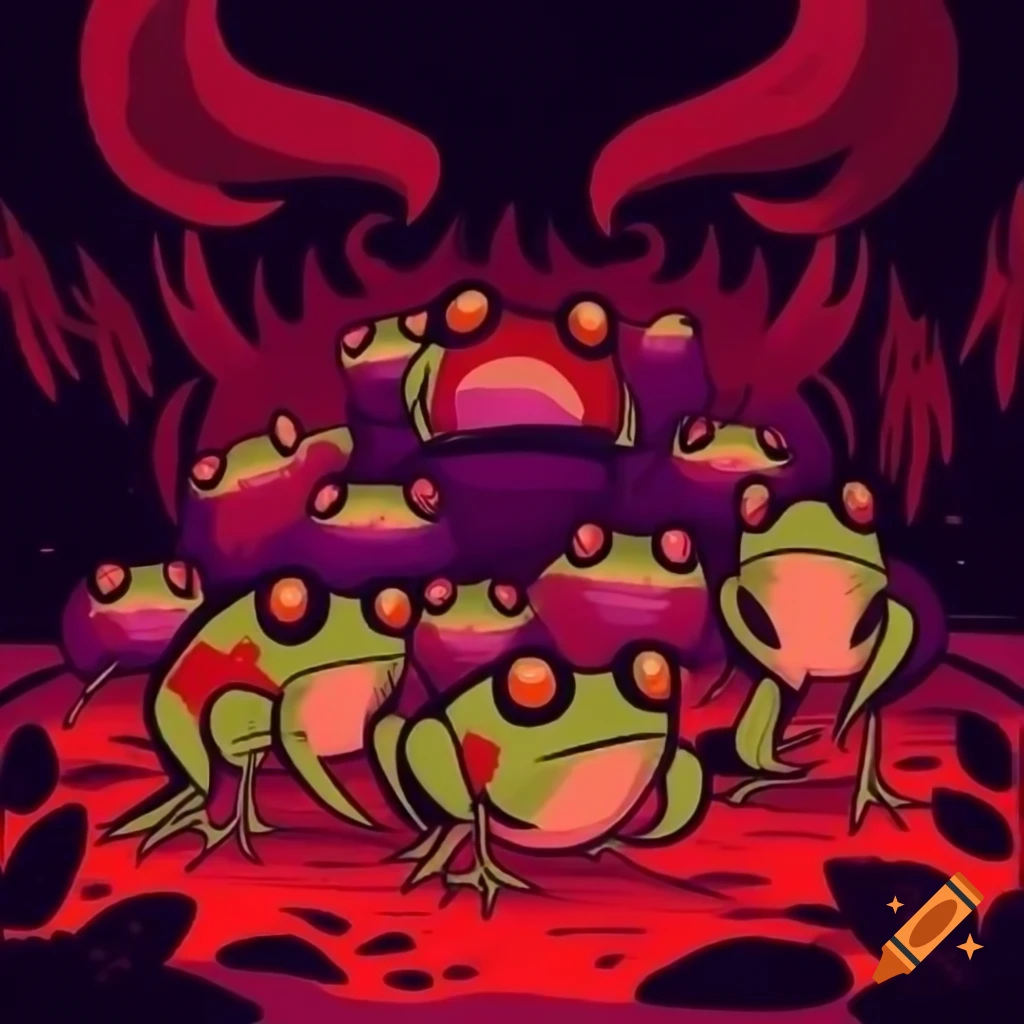 Devil horned frogs in anime style set in a red and purple themed hell scenery