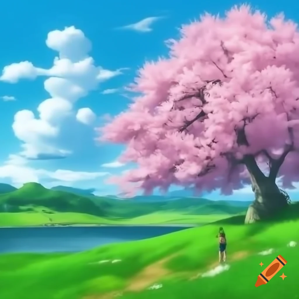 Boy standing under cherry blossom tree near lake and grassland