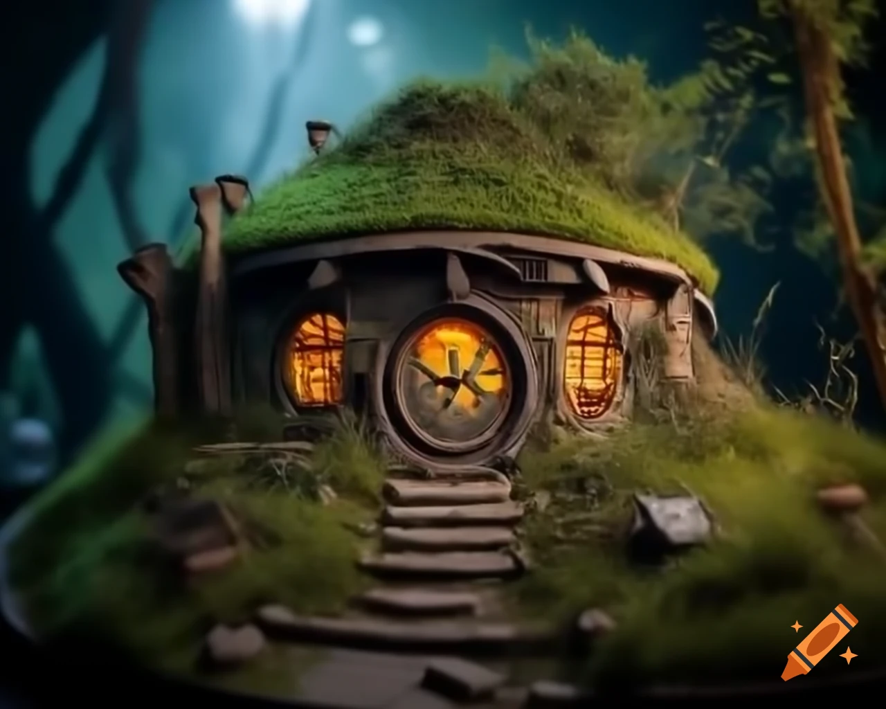 Abandoned hobbit house in post-apocalyptic setting with realistic lighting