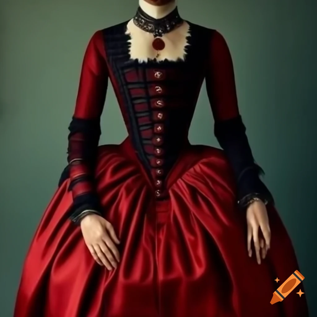 15th century style dress with red silk skirt, black lace, and small gems