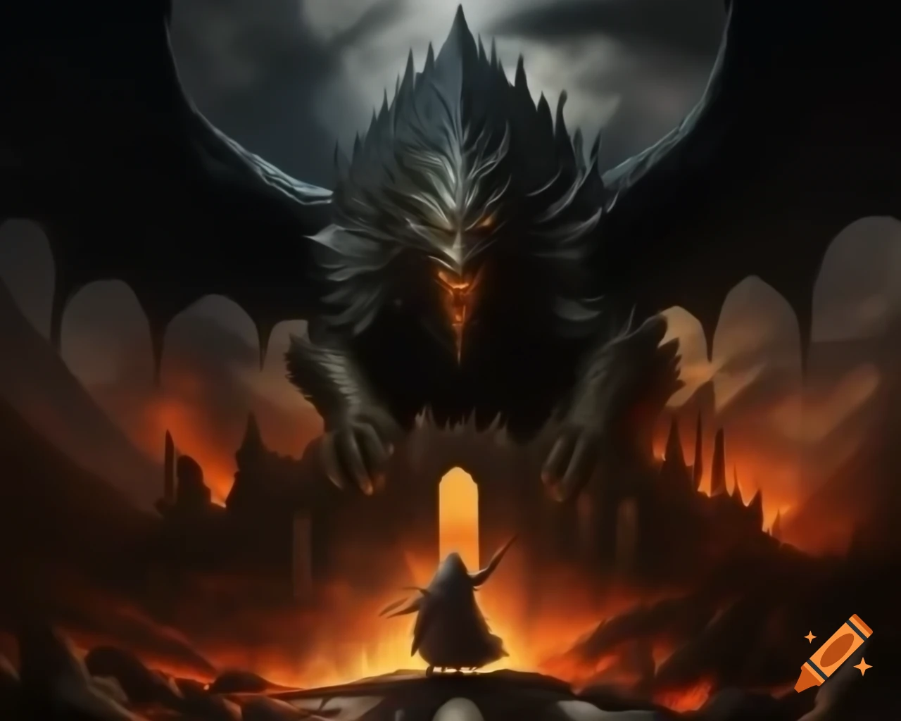 Dark fantasy illustration of wizard on mountain watching dragon destroy castle