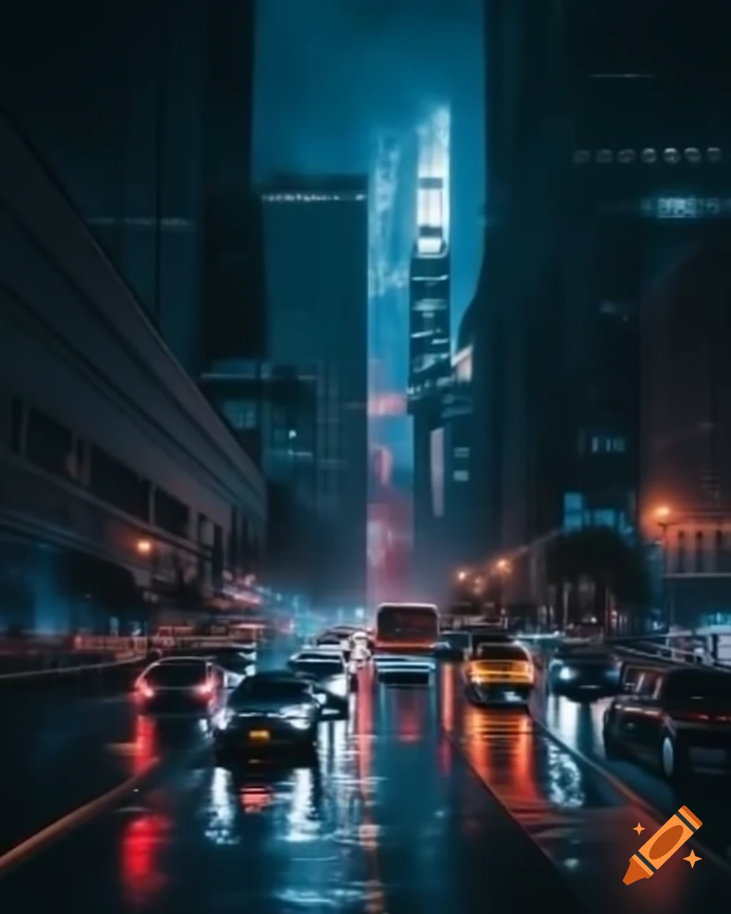 Cinematic night cityscape with neon lights and towering skyscrapers