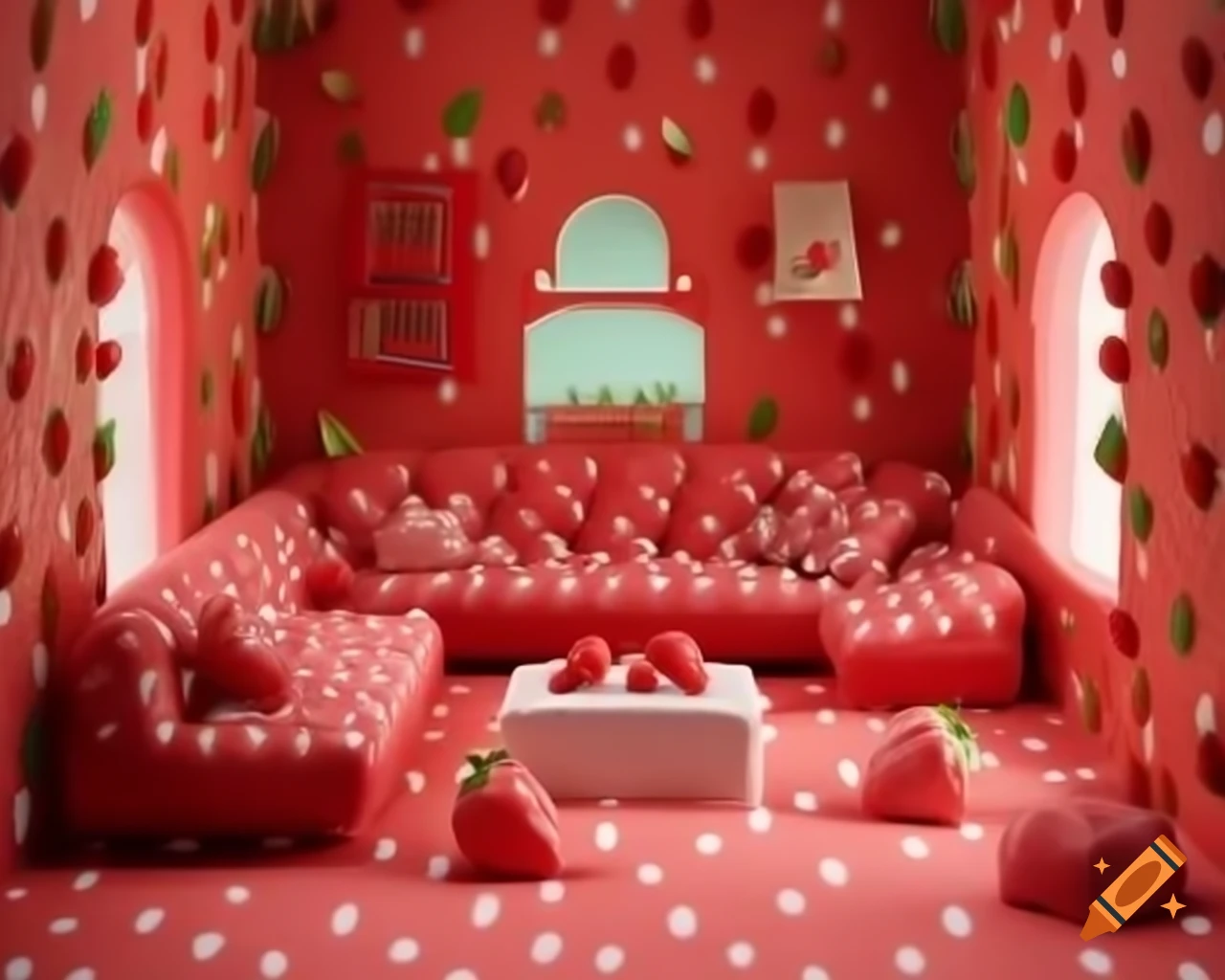 Miniature living room designed with strawberry patterns and textures
