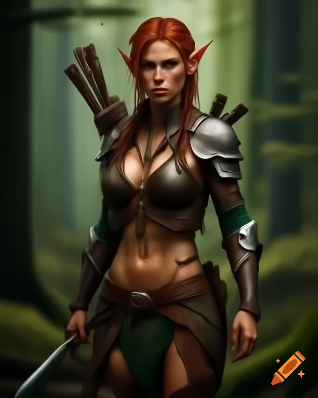 Female half-elf warrior in leather armor with dagger and crossbow in forest clearing