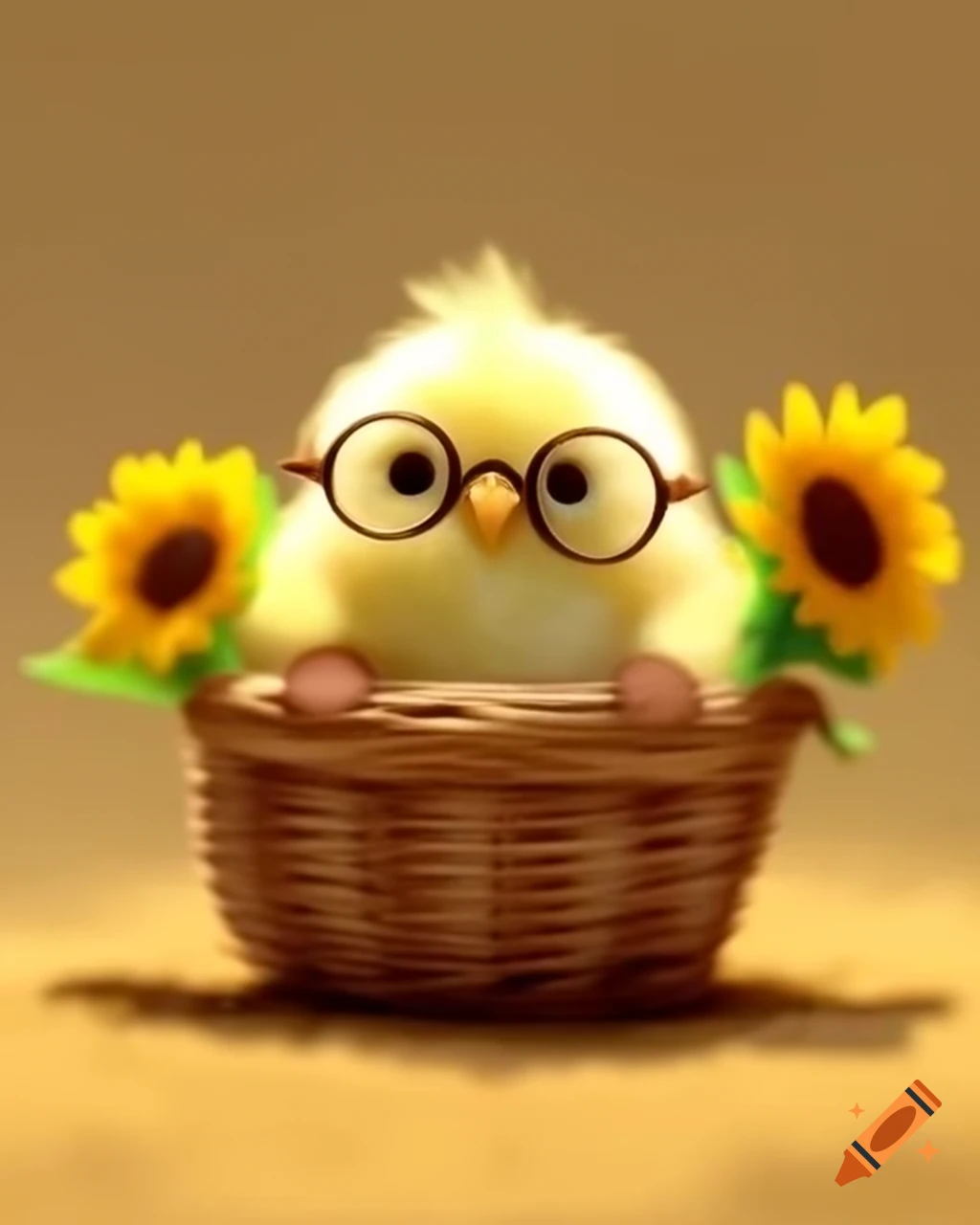 Felt chick toy with eyeglasses in basket with felt sunflowers