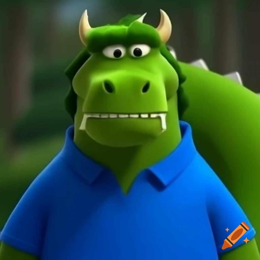 Muscular dragon dressed in blue golf shirt