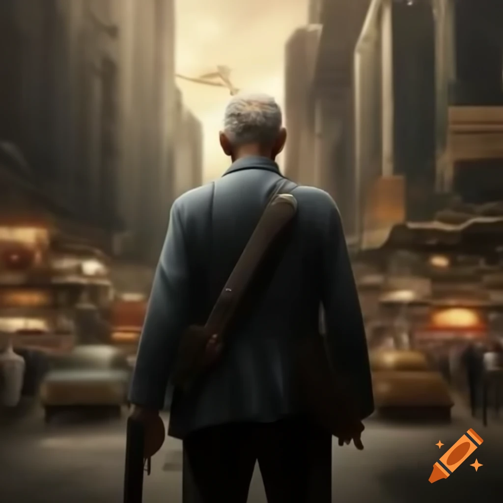 Old man with a gun in busy city scene titled Yuddha Dharma