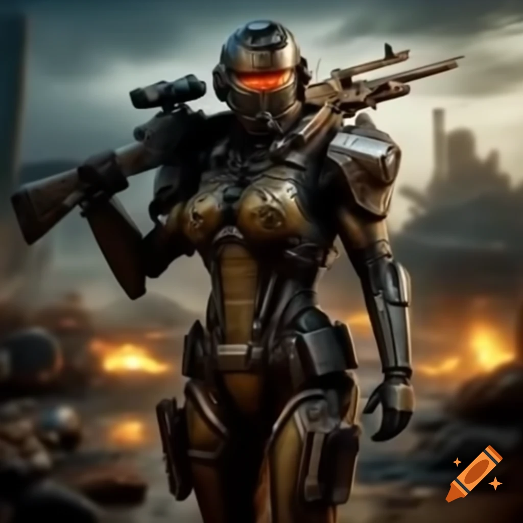 Cyborg warrior in armor with laser rifle in post-apocalyptic wasteland