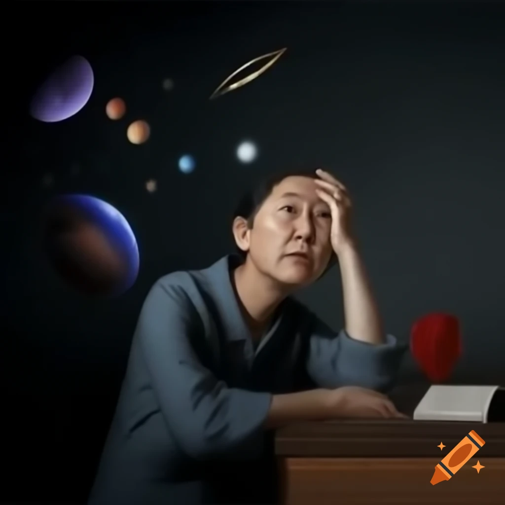 Surreal cosmic dream scene with floating images and figures
