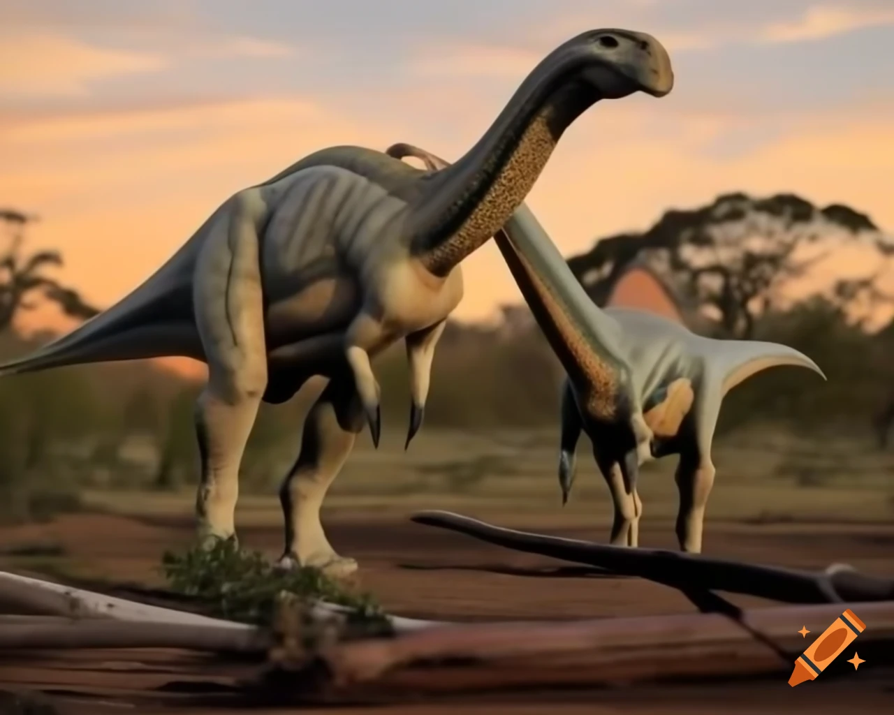 Cinnamon color and grey striped hadrosaurus in Australian outback during golden hour
