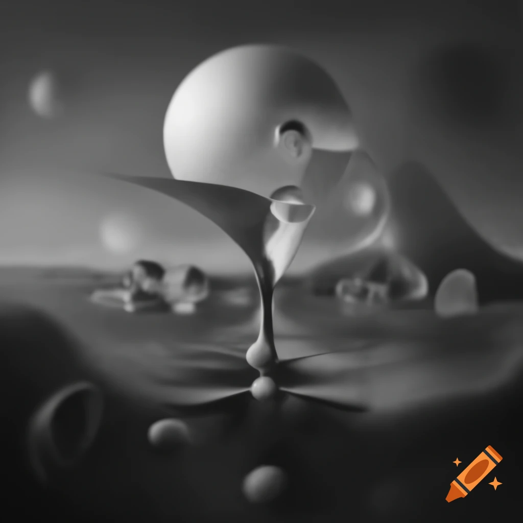 Surrealist monochrome artwork with abstract elements
