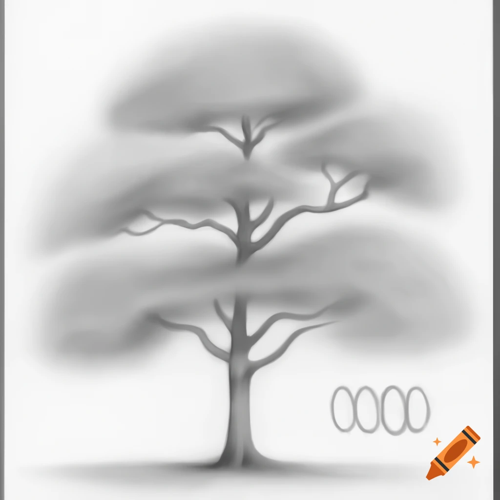 Pencil sketch of elm tree with labeled branches 'E', 'L', and 'M'