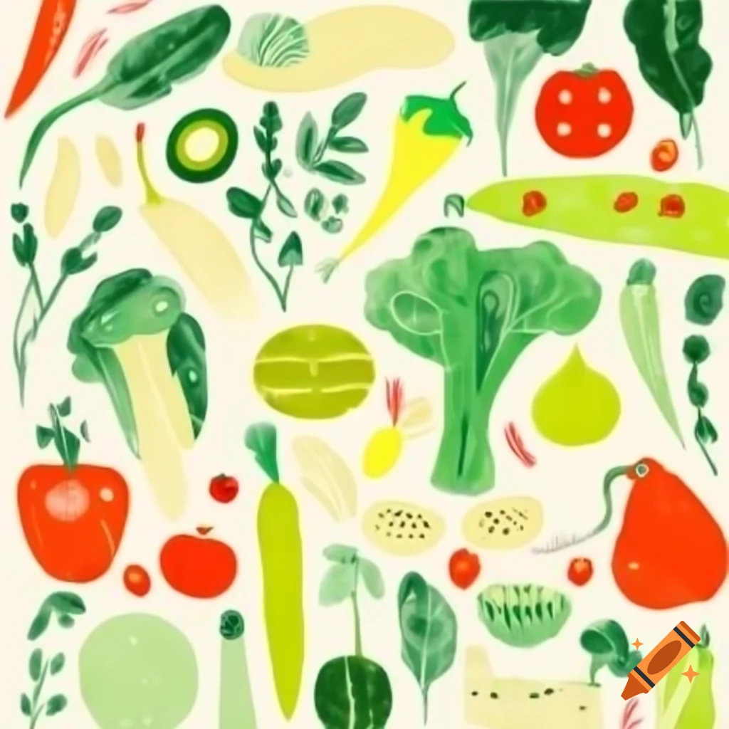 Vibrant collage illustration of colorful fruits and vegetables with bold textures