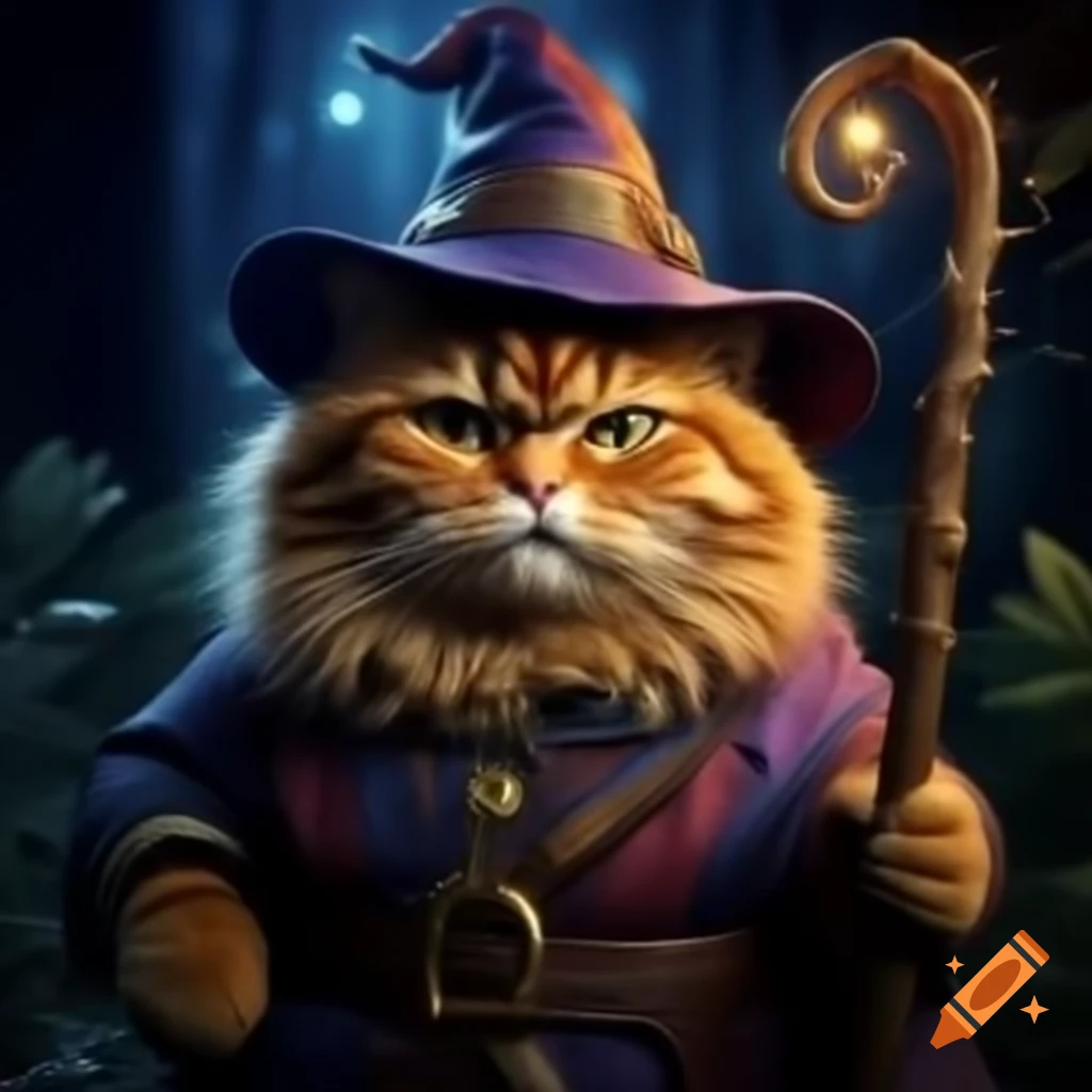 Realistic wizard cat in forest at night holding staff, top view