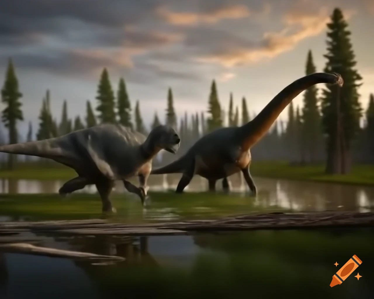Cinnamon and grey striped hadrosaurus in marshland during golden hour