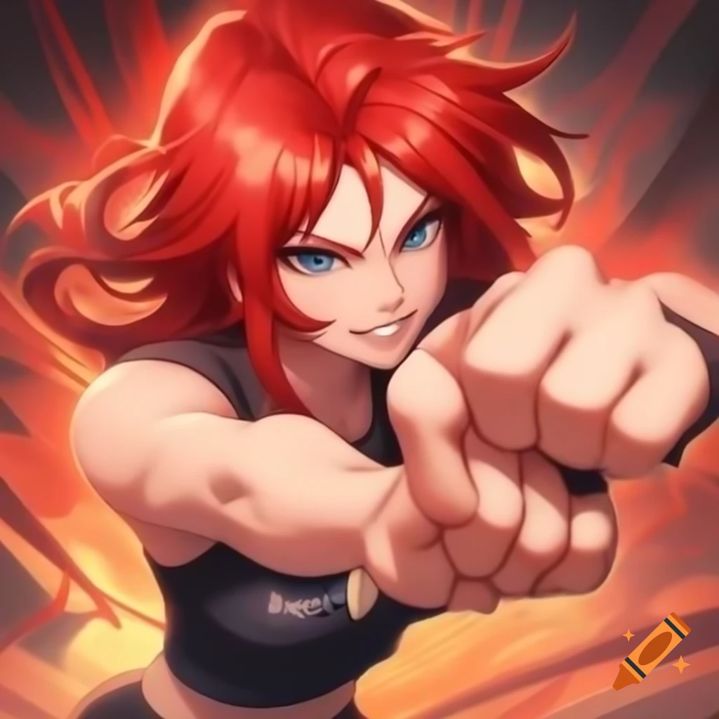 Anime trainer with red hair engaged in battle