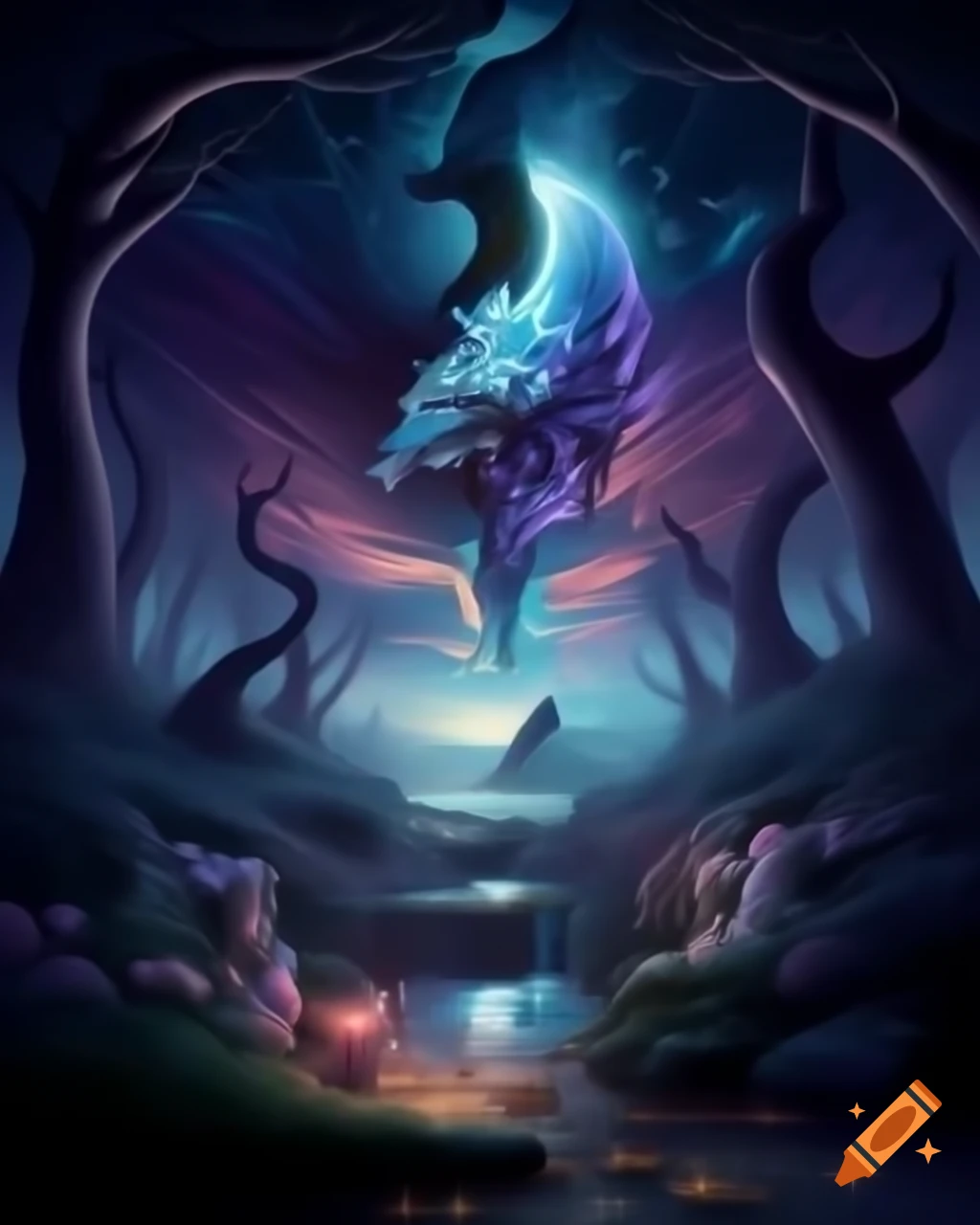 Enchanted mystical forest with tall trees and mythical creatures