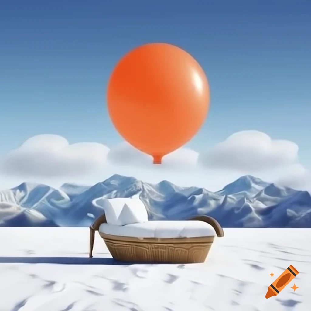 Orange balloon over snow-capped mountains with white bed basket in a cloudy, foggy background