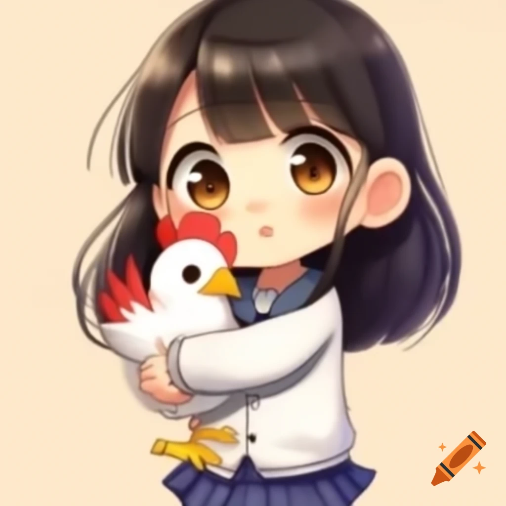 Chibi girl holding a chibi chicken in anime style