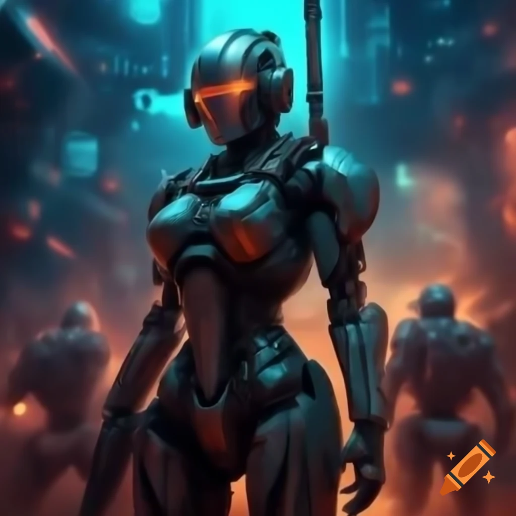 Cyborg warrior in high-tech battlefield with vibrant blue color palette