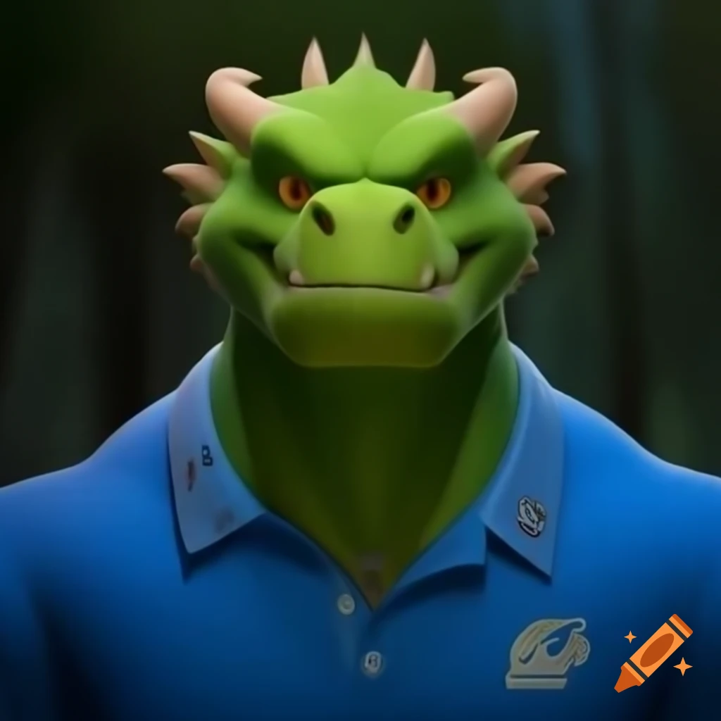 Buff dragon wearing a blue golf shirt