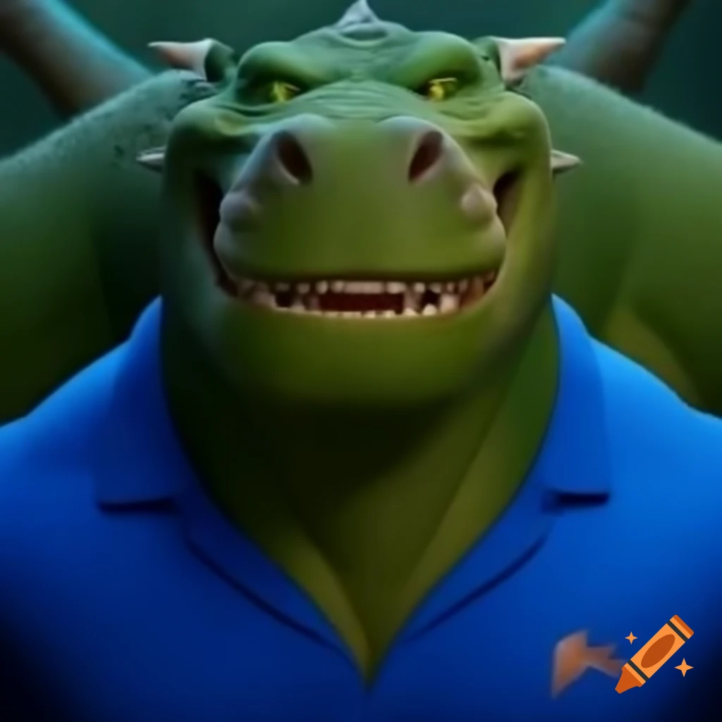 Buff dragon wearing a blue golf shirt