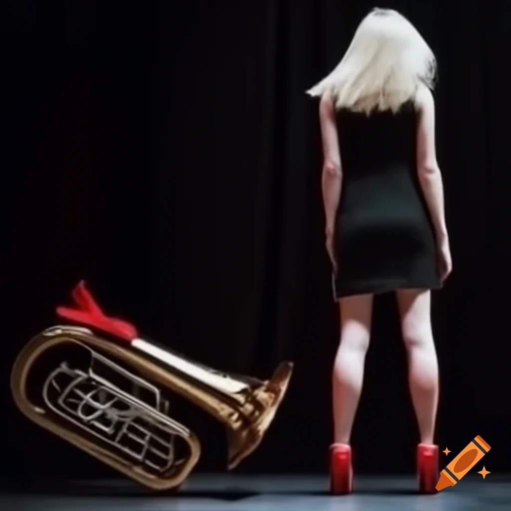 Blonde woman in black dress and red heels playing concert tuba on stage