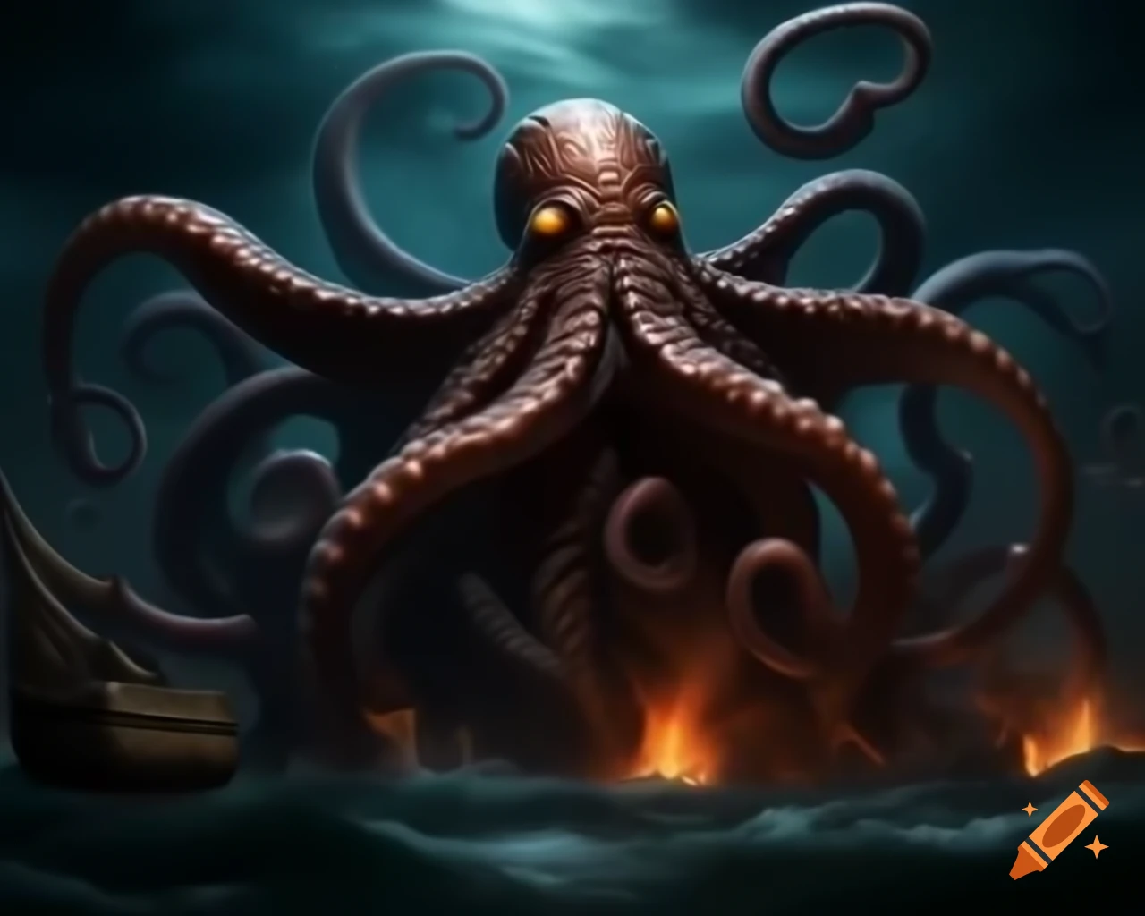 Lovecraftian octopus attacking burning pirate ship in dark fantasy art