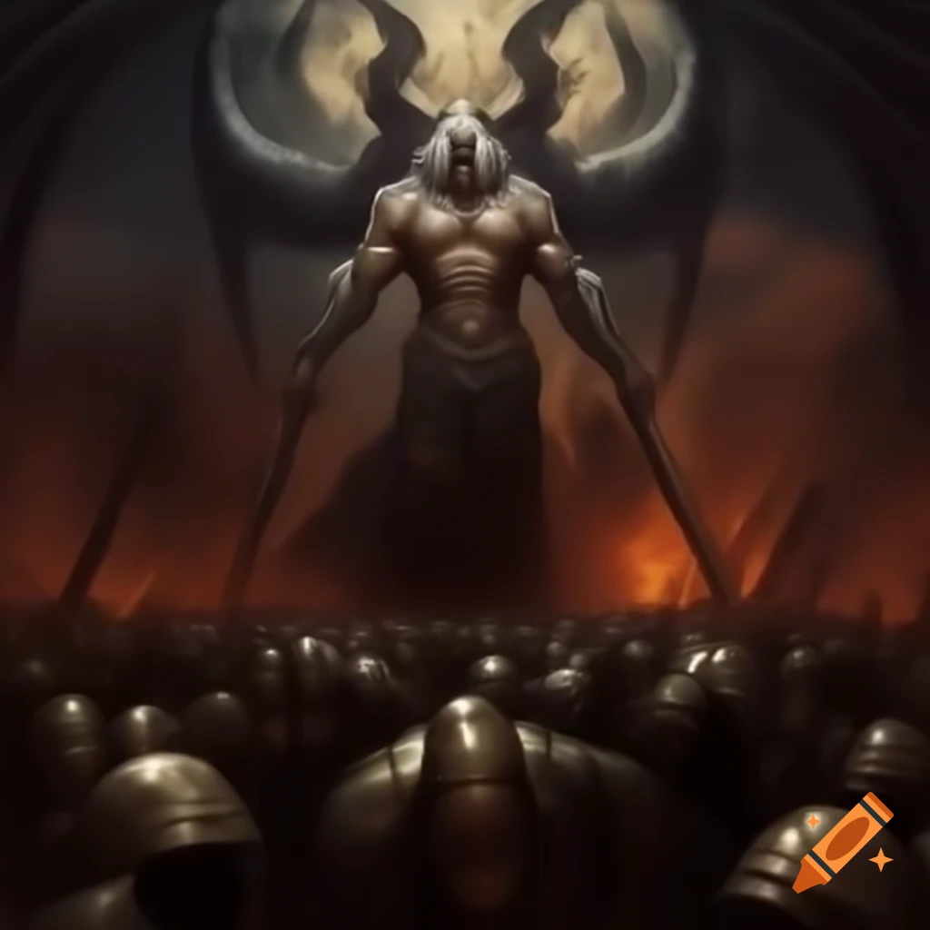 Epic battle between celestial armies and demonic legions in ancient world