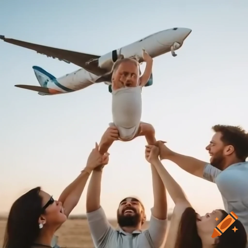 Baby flying airplane with cheering parents