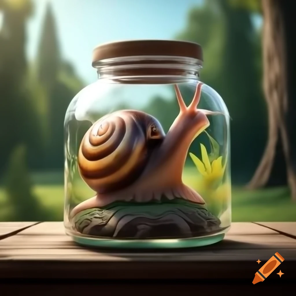 Giant snail in glass jar on wooden bench with trees in background, photo-realistic