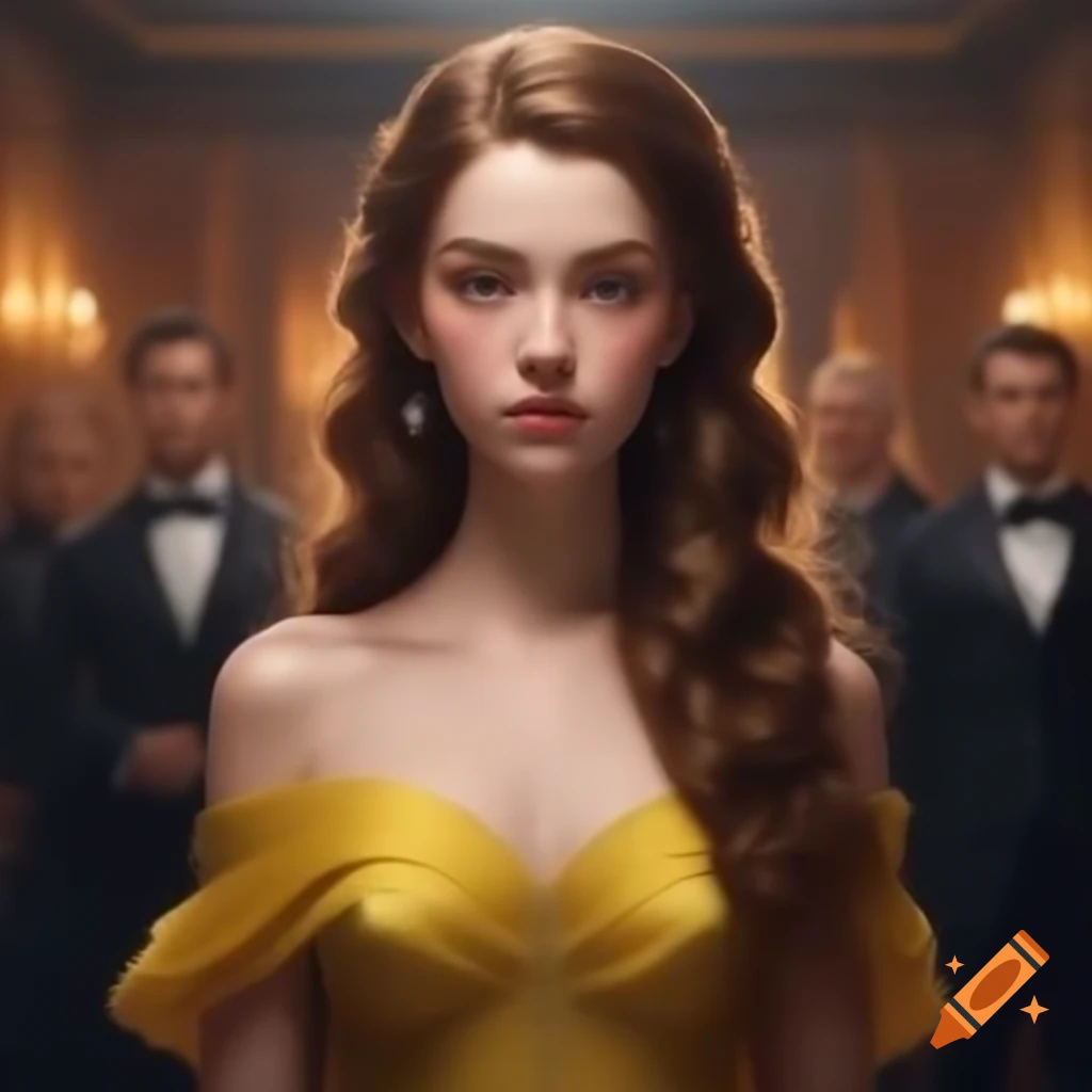 Aesthetic young woman with long brown hair in yellow gown at formal party