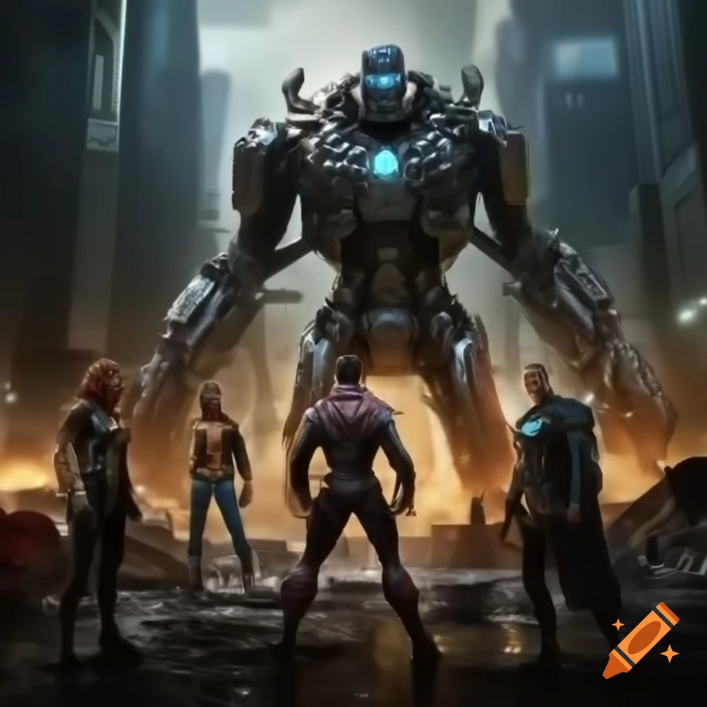 Cyberpunk superheroes battling giant robotic spider in post-apocalyptic city
