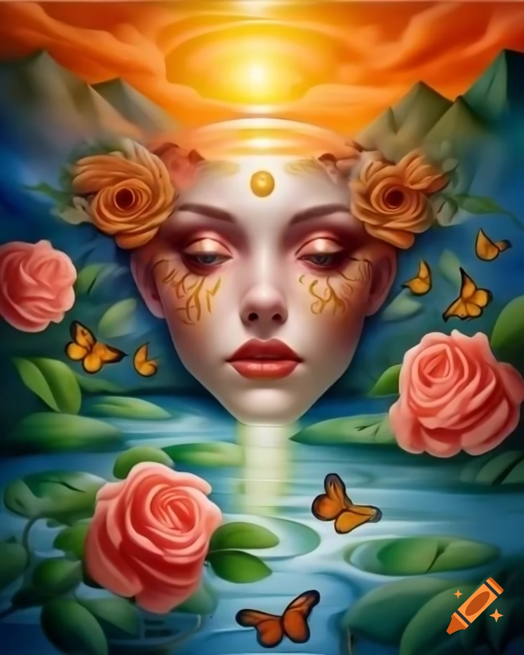 Ethereal woman of beauty with golden hair in a dreamlike landscape